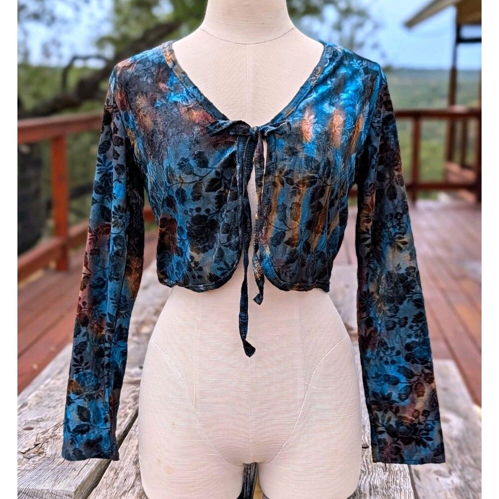 Y2K Vintage Floral Blue Velvet Tie Front Long Sleeve Stretch Crop Cover Medium